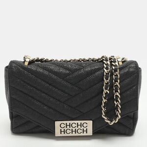Ch Carolina Herrera Bimba Black Chevron Leather Flap Shoulder Bag